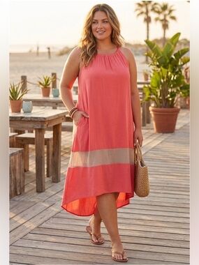 Loveappella Peach Tan Halter Neck High Low Lightweight Dress NWT Large
